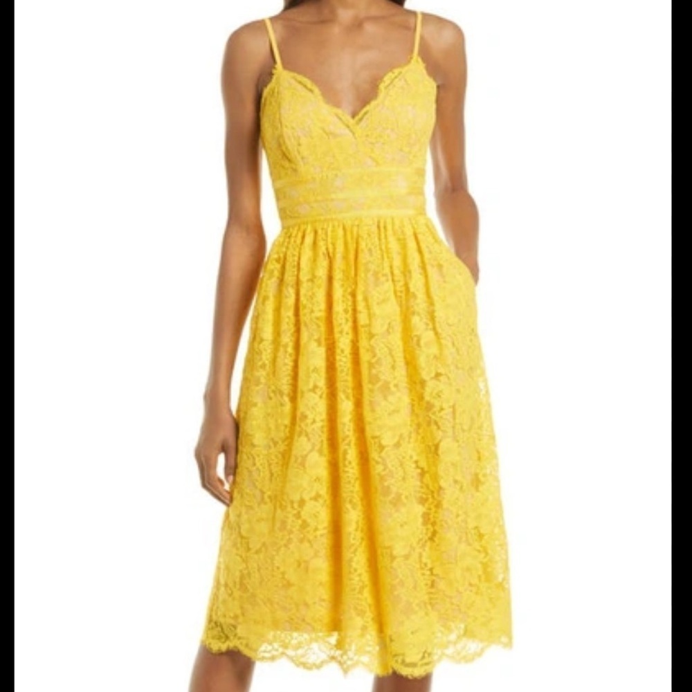 Lulus Treasure Me Embroidered Lace Fit & Flare Dress In Mustard Yellow XS M1